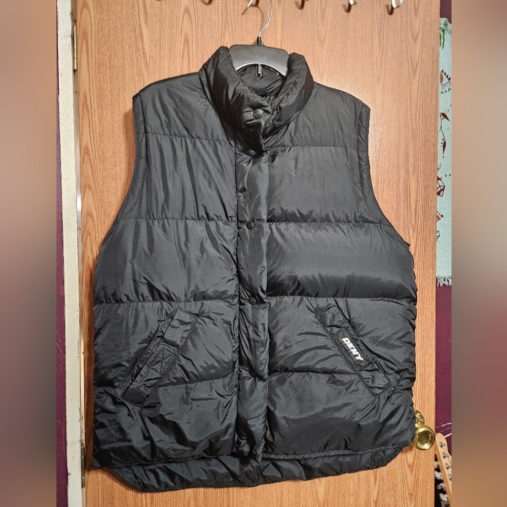 DKNY Goose Down Black Puffer Vest Zip And Button Size Mens Medium Oversized!